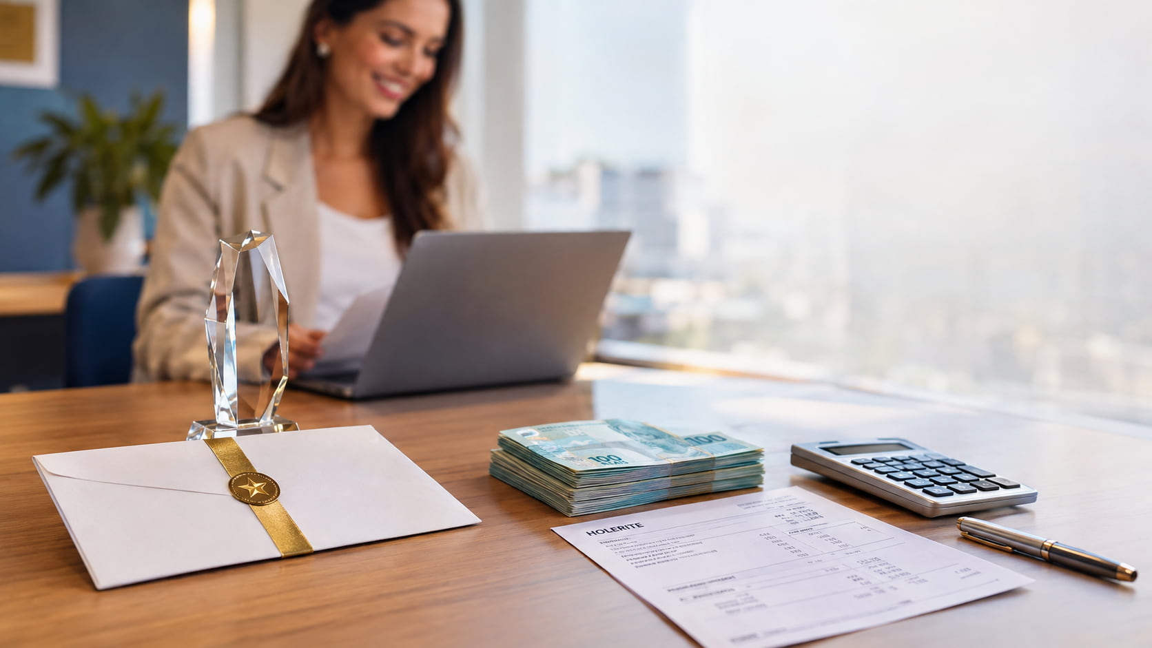 Mesa de escritório com envelope, troféu, dinheiro e holerite ilustrando prêmio e bonificação na CLT